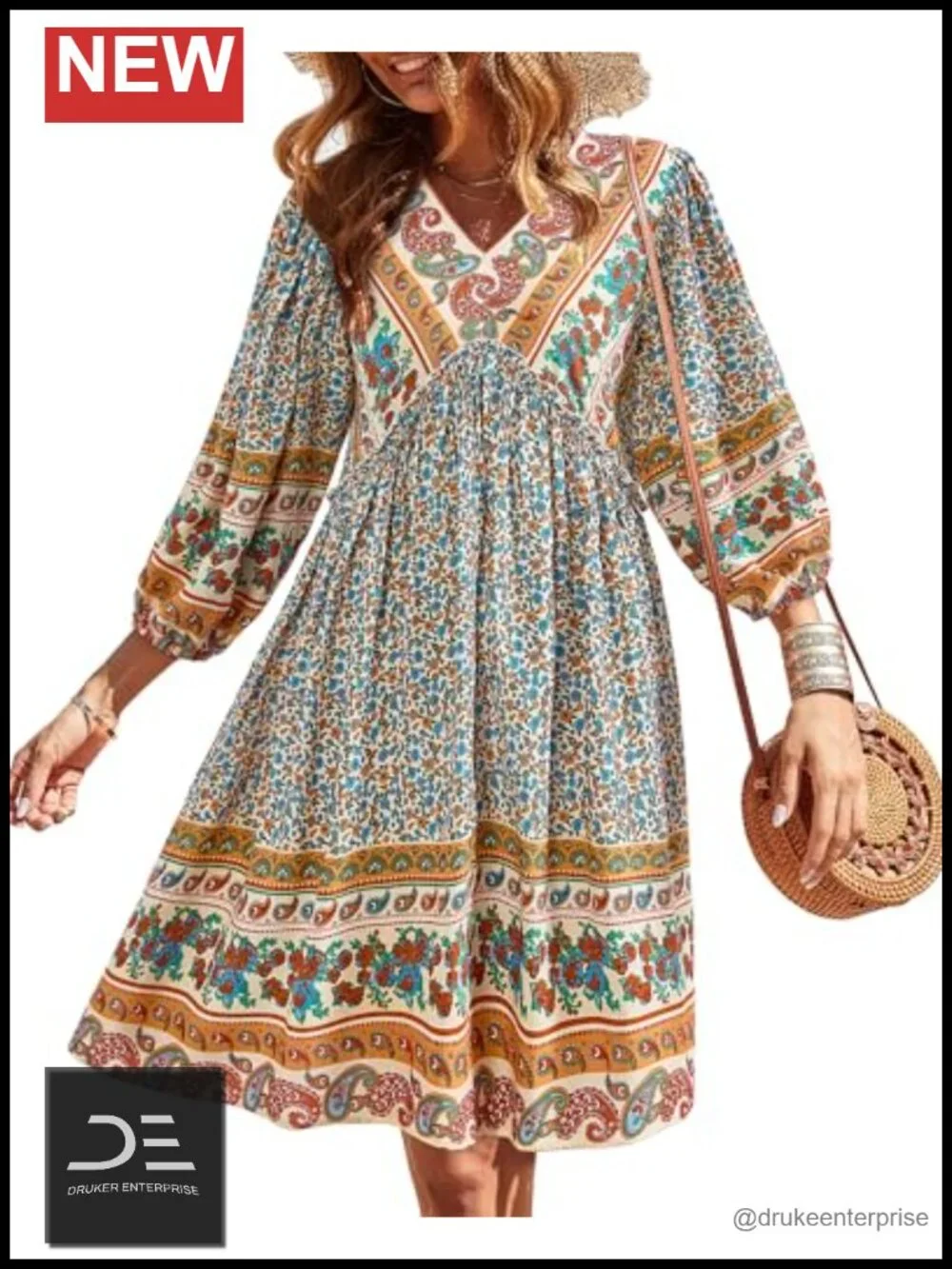 V Neck 3/4 Sleeve Ruffle Floral Flowy Boho Babydoll Mini Dress